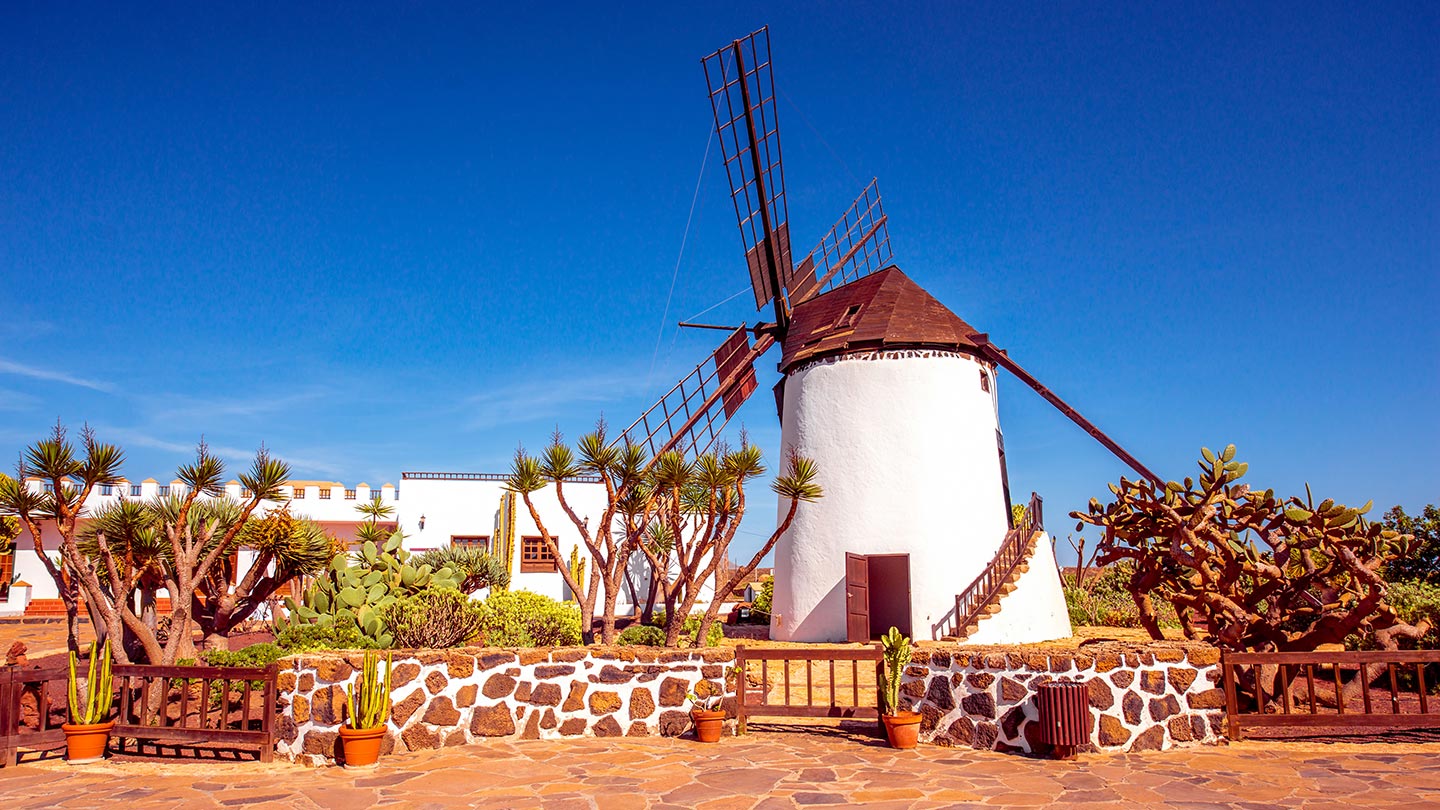 En väderkvarn vid Museo del Queso Majorero i Antigua, Fuerteventura. Klarblå himmel.